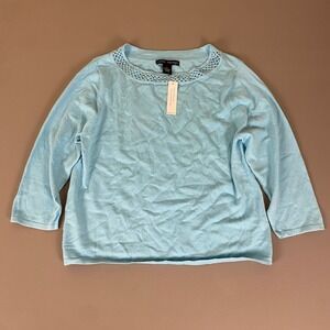 Vintage 90s Larry Levine Aqua Knit Top Beaded Neck 3/4 Sleeve Sweater XL USA NWT